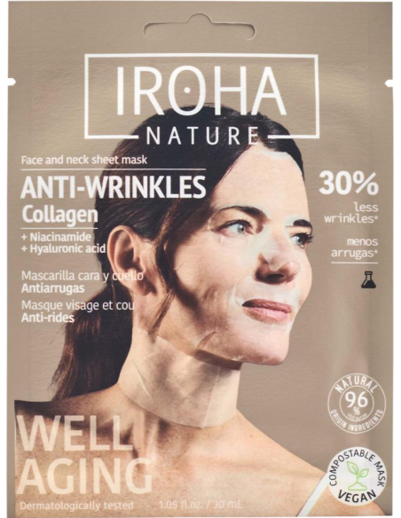 Iroha Nature ryppyjen hoitoon tarkoitettu kasvo- ja kaulanaamio, jossa on kollageenia, niasiiniamidia ja hyaluronihappoa, ihon k