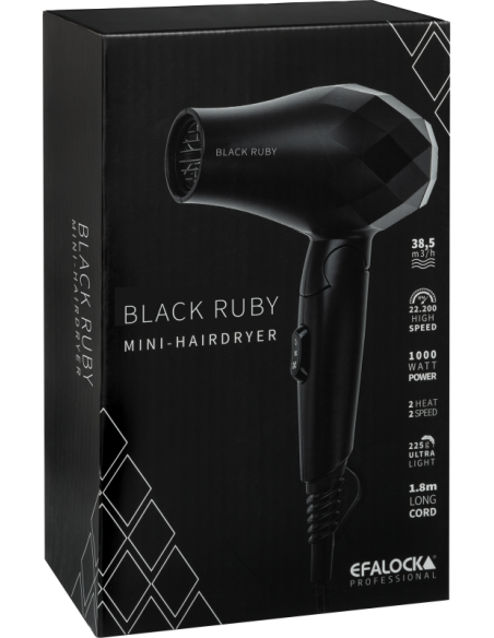 Efalock BLACK RUBY -minihiustenkuivaaja, musta, taitettava 1000 W:n matkakuivaaja