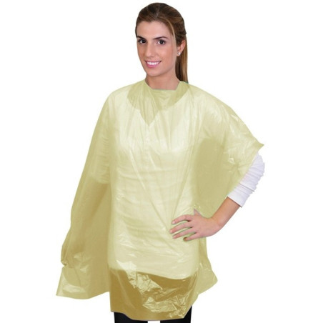 Hiusten värjäys- ja muotoiluviitta, kertakäyttöinen, muovinen, pitkä, kultainen, 90 cm x 118 cm, 30 kpl/pakkaus.