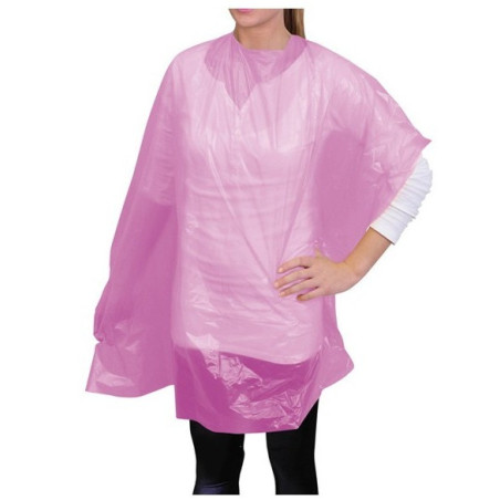 Hiusten värjäys- ja muotoiluviitta, kertakäyttöinen, muovinen, pitkä, pinkki, 90 cm x 118 cm, 30 kpl/pakkaus.