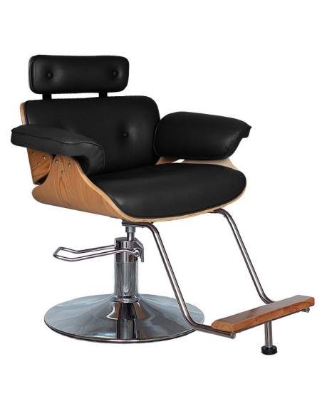 Kampaajan asiakastuoli, hopeanvärinen jalusta, musta