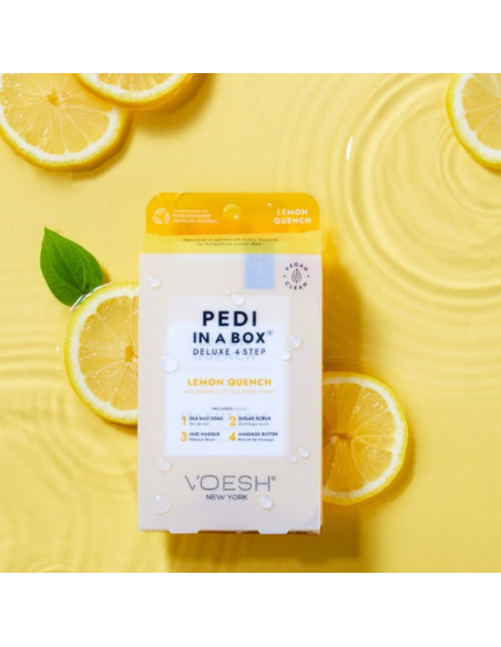VOESH - PEDI IN A BOX Lemon Quench -jalkasetti, virkistävä-rauhoittava, 4 tuotetta