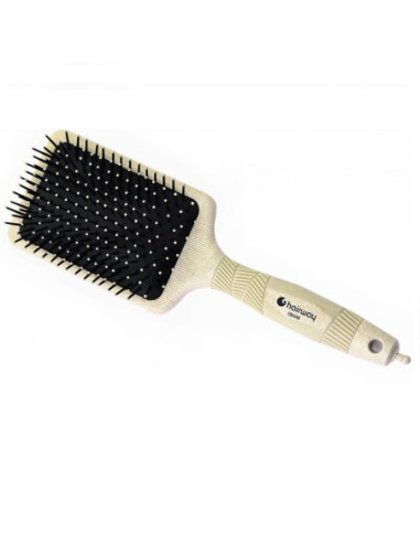 Paddle brush 13-rowed (polyamid pins 15 mm), rectangular, soft rubber cushion, beige